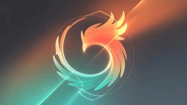 Abstract neon phoenix symbol with gradient colors against a dark background