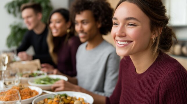 Diverse group of young adults practicing mindful eating with nutritious, home-cooked meals in a cozy dining room. - Powered by Adobe