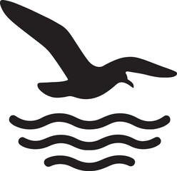Elegant seagull flying over ocean waves outline vector, perfect for coastal, summer, and travel designs.