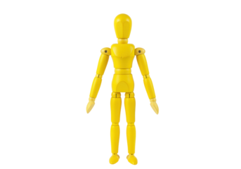 Yellow wooden mannequin isolated on transparent background, articulated figure for drawing and design