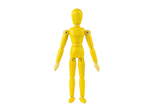 Yellow wooden mannequin isolated on transparent background, articulated figure for drawing and design