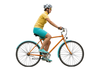 Woman riding an orange bicycle isolated on transparent background, female cyclist with helmet and sunglasses on a bike for fitness and recreation
