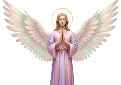 Blonde angel with wings praying isolated PNG, spiritual guardian with halo on transparent background for religious themes