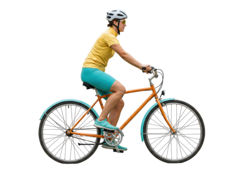 Woman riding an orange bicycle isolated on transparent background, female cyclist with helmet and sunglasses on a bike for fitness and recreation