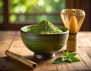 Matcha Tea Powder Product. Mockup with Traditional Whisk