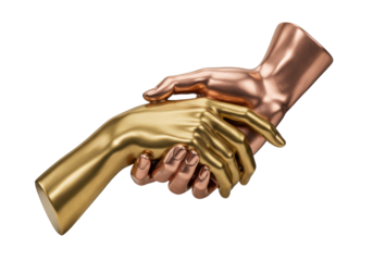 Golden and copper hands shaking isolated on transparent background, symbol of partnership and agreement in business and friendship