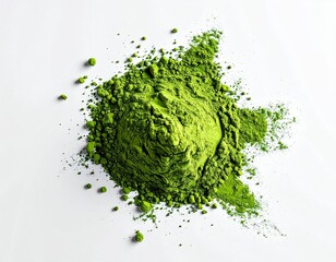 Vibrant Green Matcha Tea Powder Pile
Top View on White Background