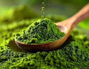 Vibrant Green Matcha Tea Powder Piled and Scattered on