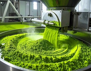 Industrial Grinding Machine. Processing Fine Green Matcha