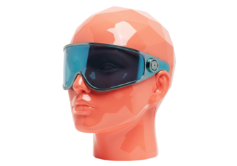Futuristic mannequin head with visor sunglasses isolated, geometric polygonal design on peach colored plastic for fashion display