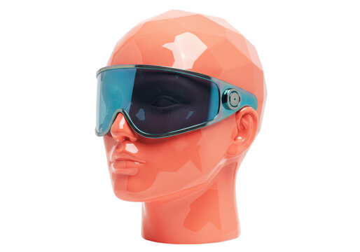 Futuristic mannequin head with visor sunglasses isolated, geometric polygonal design on peach colored plastic for fashion display