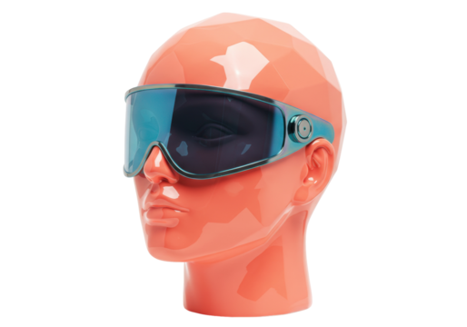 Futuristic mannequin head with visor sunglasses isolated, geometric polygonal design on peach colored plastic for fashion display
