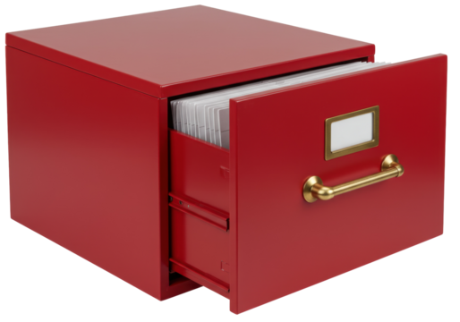 Red metal file cabinet with open drawer isolated, office furniture for document storage and organization - Powered by Adobe
