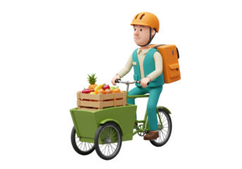 Delivery man on cargo bike with fruit crate isolated PNG, cartoon character delivering groceries on bicycle on transparent background