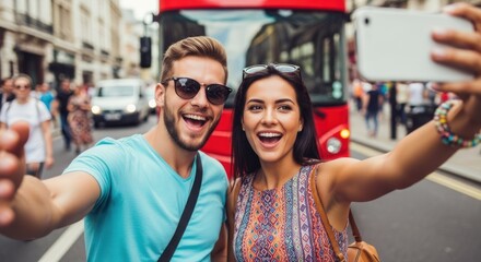A couple taking a selfie in front of a red double-decker bus in London.