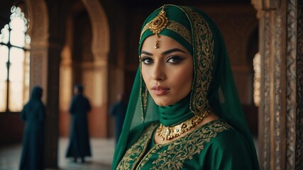 Beautiful Muslim woman in green themed ornate garment on a historical background