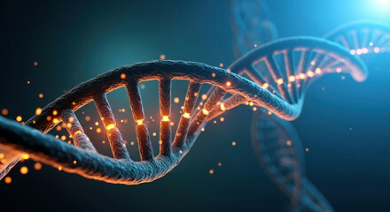 Glowing abstract visualization of a DNA double helix strand structure on a dark blue background with particle effects