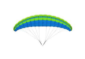 Blue and green parachute PNG isolated on transparent background, skydiving equipment for extreme sports and recreational activities