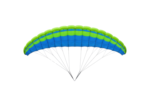 Blue and green parachute PNG isolated on transparent background, skydiving equipment for extreme sports and recreational activities