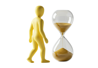 Yellow mannequin figure next to an hourglass isolated on transparent background, time management and deadline concept