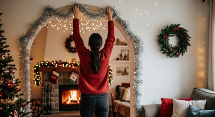 A woman decorating a Christmas tree with tinsel and ornaments.