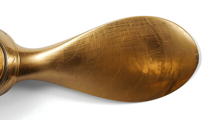 Close-up of a Scratched and Worn Brass Propeller Blade on a White Background