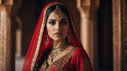 Beautiful Arabian woman in red themed ornate garment on a historical background