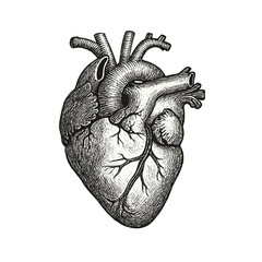 Detailed vintage illustration of a human heart, showcasing anatomical structure with veins and arteries, drawn in hand-engraved style