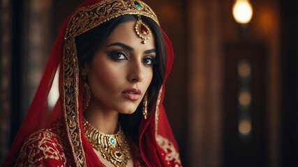Beautiful Arabian woman in red themed ornate garment on a historical background