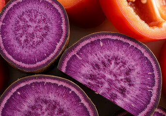 
Macro Close-Up of Sliced Purple Ube Yam and Pile of Pink-Purple Sweet Peppers – Vivid Root Vegetable Texture.close up of a pile of pink and purple sweet pepper, Macro shot of sliced purple ube yam 