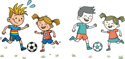 Happy kids playing soccer together in park, enjoying outdoor sport, teamwork, active children, summer fun, football game, childhood joy