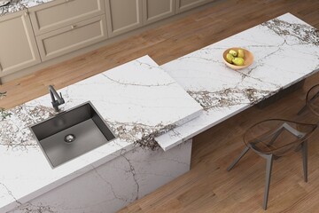 Bright contemporary kitchen featuring white quartz surfaces, bar stools, and open shelving d&eacute;cor, wooden flooring. Top View. 3D Illustrations. 3D Rendering