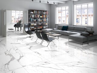 Luxury living room interior with white marble on floor, gray empty walls, comfy sofa set with chairs, book shelf. 3D Illustrations. 3D Rendering