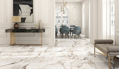 Bright open living area interior with white glossy marble flooring, indoor plants, and natural daylight. 3D Illustrations. 3D Rendering