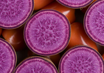
Macro Close-Up of Sliced Purple Ube Yam and Pile of Pink-Purple Sweet Peppers – Vivid Root Vegetable Texture.close up of a pile of pink and purple sweet pepper, Macro shot of sliced purple ube yam 