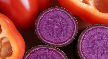 
Macro Close-Up of Sliced Purple Ube Yam and Pile of Pink-Purple Sweet Peppers – Vivid Root Vegetable Texture.close up of a pile of pink and purple sweet pepper, Macro shot of sliced purple ube yam 