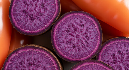 
Macro Close-Up of Sliced Purple Ube Yam and Pile of Pink-Purple Sweet Peppers – Vivid Root Vegetable Texture.close up of a pile of pink and purple sweet pepper, Macro shot of sliced purple ube yam 