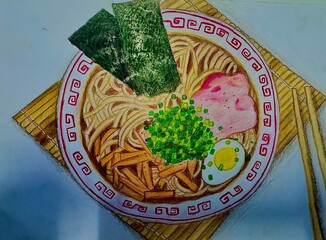 A colorful illustration of a steaming bowl of ramen with noodles, eggs, and sliced pork, surrounded by rich broth and fresh toppings.