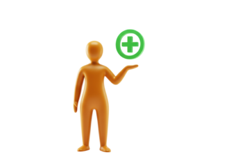 Orange mannequin isolated PNG holding green plus sign, healthcare concept for medical assistance and positive results