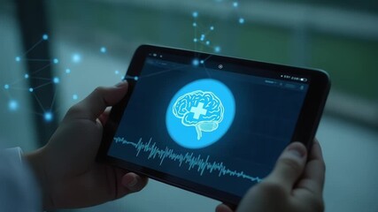 Doctor analyzing brain scan on tablet with digital network in healthcare setting - Powered by Adobe