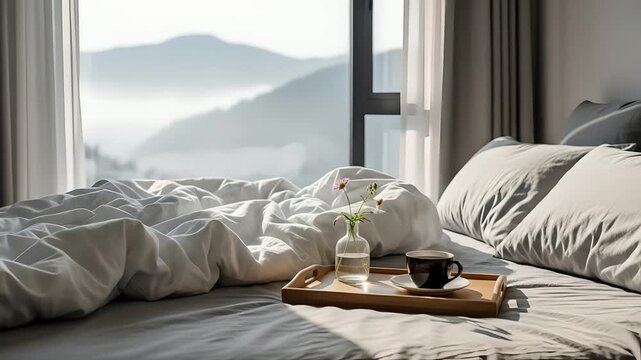 Bedroom wake-up ambiance. Bed with coffee tray, flower, cozy morning. Lifestyle scene, relaxation time, hotel room interior, luxury bedding, tranquil moments, vacation rentals advertising.