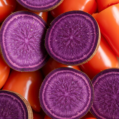 
Macro Close-Up of Sliced Purple Ube Yam and Pile of Pink-Purple Sweet Peppers – Vivid Root Vegetable Texture.close up of a pile of pink and purple sweet pepper, Macro shot of sliced purple ube yam 