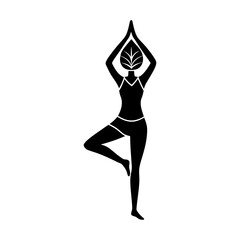 Fototapeta premium Silhouette of a woman in tree pose with a leaf head in black and white style