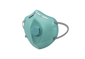 Teal respirator mask with valve isolated on transparent background, personal protective equipment for healthcare and industrial use