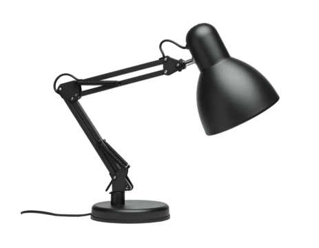 A matte black desk lamp with an adjustable arm, isolated against a black background