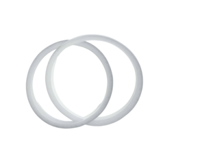Two interlocking glossy, white, circular bands against a black background