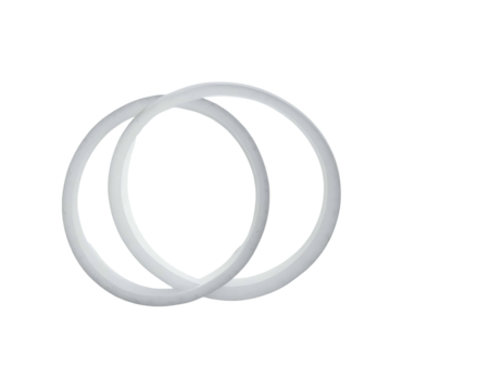 Two interlocking glossy, white, circular bands against a black background