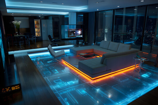 high tech living room featuring glowing digital interfaces chrome surfaces and sleek minimal futuristic furniture design