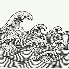 Waves illustration in black line art style on white background with copy space
