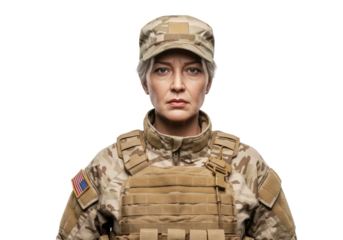 Isolated Middle-Aged Female Soldier with Gray Hair Wearing Military Camouflage Uniform Vest